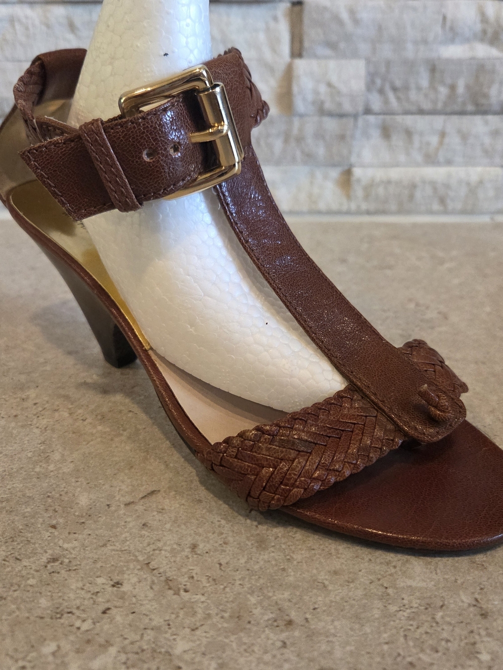 Michael Kors Brown Leather Braided T-Strap Heels 8M Block Heel